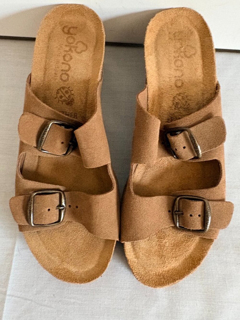 Yokono Canela Wedge Sandal Suede Cork Heel Made In Spain Brown Leather Size 7.5
